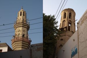The two minarets of the Sheikh Ebada mosque (left) the later minaret and (right) and earlier minaret, supposedly the tower of an earlier church