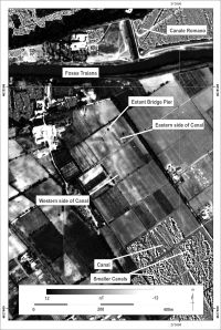 Image showing magnetometry results superimposed on Aereo Militare image from 1957, showing the presence of the canal traversing the Isola Sacra