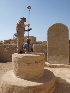 Dominic Barker and Kamal Helmy Shared positioning the GPS rover on a survey marker at the temple of Merenptah