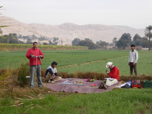 Jan Peeters (Utrecht University) recording sediments from Auger site 71 in the West Bank floodplain with the Theban hills in the background and assisted by Moustapha (auger) and Hassan (sitting) and onlooked by Zazou, who is working on the ERT profile behind them